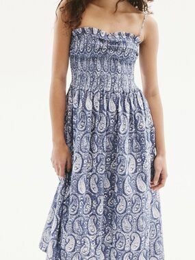 H&M Blue Paisley Smocked Midi Dress